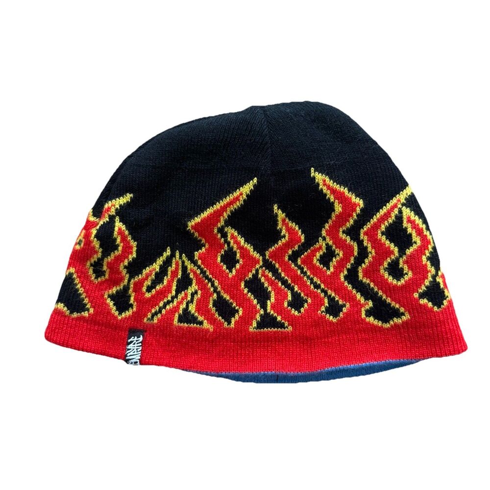 Y2K Empyre Reversible Beanie Hat Flame Tribal Skate Red Blue Black OS